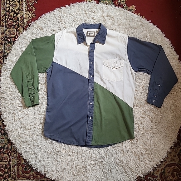 Vintage Western Plains Snap Button Shirt Front Long Sleeve Shirt Blue Green - Picture 1 of 16
